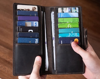 Cartera de cuero larga hecha a mano: Billetera grabada personalizada para efectivo, tarjetas de crédito y teléfono - Regalo unisex personalizado - 3er aniversario