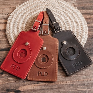 Personalized Leather Luggage Tag with AirTag Slot - Custom Monogram ID Tag with Apple AirTag Pocket - Unisex Travel Gift - Father Day Gift