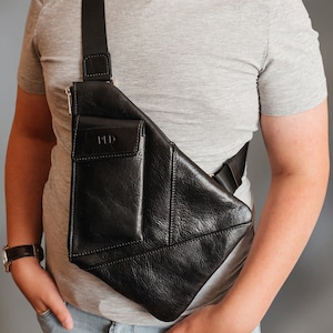 Personalized Leather Men's Crossbody Bag with Phone Pocket, Handmade Sling Bag for Him Gift for Husband, Boyfriend Father Day Gift Idea Black Buffalo