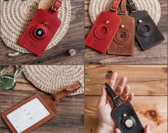 Personalized Leather Luggage Tag with Apple AirTag Holder - Engraved ID Tag, Travel Suitcase Tag - Perfect Thank You Gift for Any Adventurer