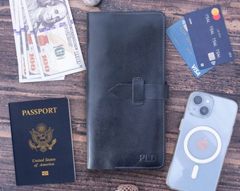 Cartera de viaje de cuero hecha a mano: porta pasaporte, organizador de tarjetas, bolsillo para teléfono: regalo personalizado perfecto para el viajero frecuente
