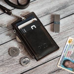 Porte-cartes d'identité personnalisé en cuir avec tour de cou - Étui pour carte d'identité avec fermeture à glissière, porte-cartes de crédit et laissez-passer - Fente pour carte de visite - Cadeau pour toutes les occasions