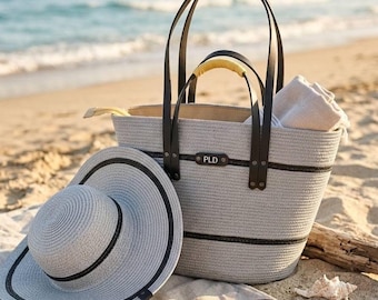 Conjunto de bolso y sombrero de rafia para vacaciones en la playa – Tulum, verano italiano, estilo Santorini y Miami – Bolso de paja y sombrero para el sol personalizados, regalo de viaje