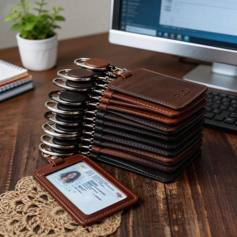 May include: A stack of rectangular leather ID badge holders with retractable reels, featuring brown and black finishes. One holder displays a photo identification card with text. The top holder is embossed with the letters PLD on the leather surface.