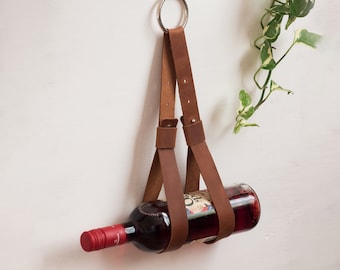 Handcrafted Leather Double Wall Strap for Wine Bottle - Stylish Wall Hanging Storage, Book Hook, Modern Home Decor, Unique Housewarming Gift