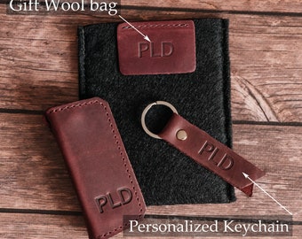 Handmade leather key wallet with magnetic clasp, engraved leather clip keychain, fit 4 keys