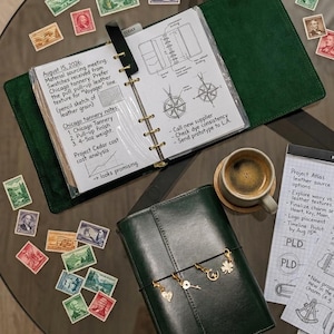 Puede incluir: Una agenda de cuero verde oscuro con anillas doradas, abierta en una página con notas manuscritas sobre cuero y bocetos. Un cuaderno de cuero verde oscuro cerrado con cuatro dijes dorados, una taza de café y sellos postales antiguos.