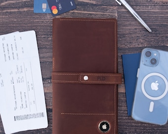 Personalized Leather Passport Wallet & Travel Organizer - With AirTag and Card Slots - Custom Leather Travel Wallet with pocket for AirTag