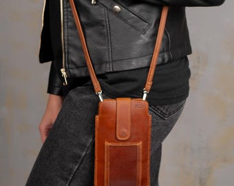 Personalized Leather Phone Case with Strap (Wearable on Neck or Crossbody) - Slim Telephone Wallet with ID Card Holder, Pass Badge Holder