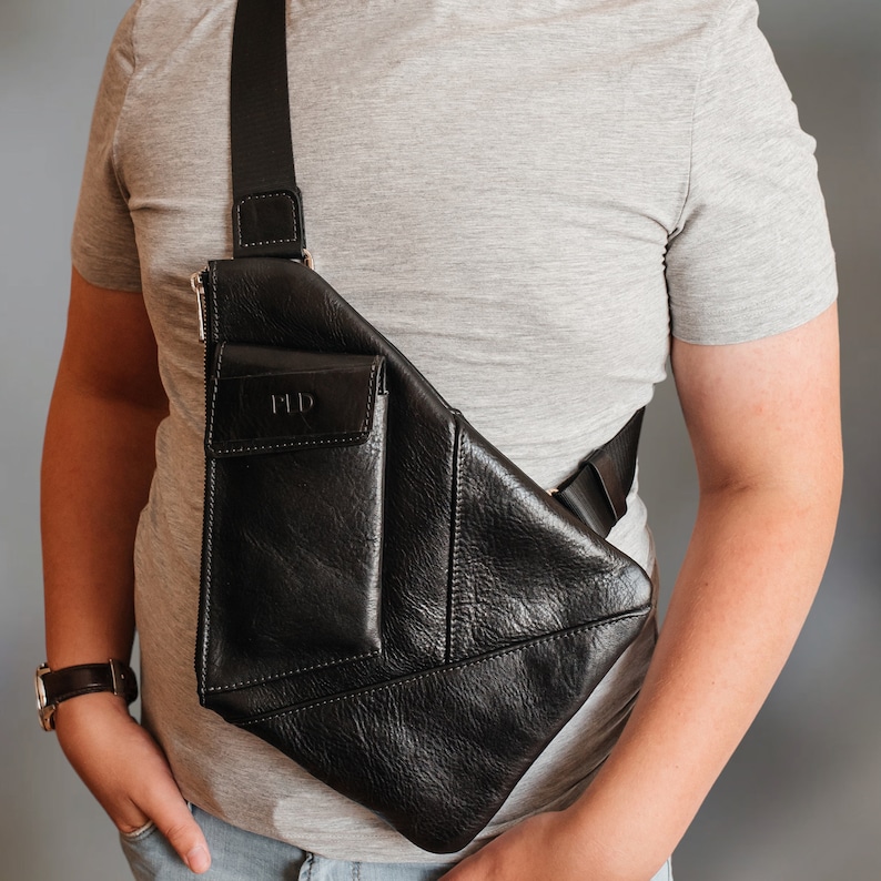 Personalized Leather Men's Crossbody Bag with Phone Pocket, Handmade Sling Bag for Him Gift for Husband, Boyfriend Father Day Gift Idea Black Buffalo