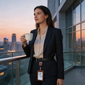 May include: A dark navy blue blazer and matching trousers worn with a light beige button-down shirt, a black leather belt, and a brown leather ID badge holder on a retractable reel, while holding a plain white ceramic coffee mug.