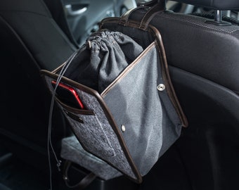 Textile-Leather Car Trash Bag - Stylish Aesthetic Design with Removable Liner & Adjustable Strap - Personalized Travel Essential