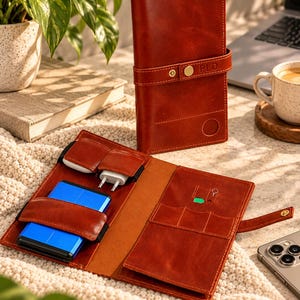 Peut inclure: Un organisateur technique en cuir couleur cognac avec une sangle à bouton-pression portant les lettres PLD. L'intérieur comporte des bandes élastiques retenant une batterie externe bleue et un chargeur mural blanc, ainsi que des fentes.