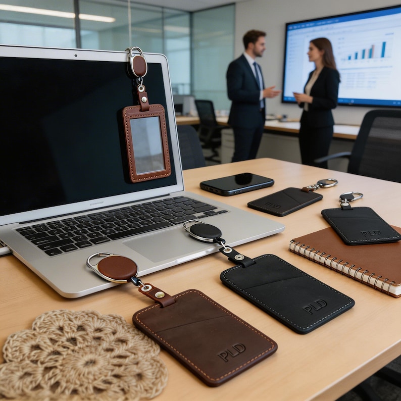 May include: A collection of brown and black leather badge holders with retractable reels and metal clips. Each holder features a clear window or a pocket, with the letters PLD embossed on the bottom. The items are arranged on a desk near a laptop.