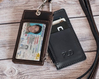 Customizable Leather ID Holder with Neck Strap - Unisex Cards Holder with Zippered Pocket - ID Wallet with Lanyard - Gift for All Occasions