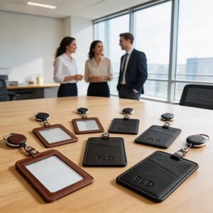 May include: A collection of rectangular leather badge holders with retractable reels. Some holders are brown and some are black, featuring clear plastic windows or solid fronts embossed with the letters PLD and stitched edges.