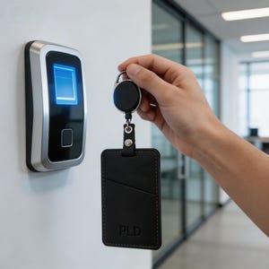 May include: A black leather badge holder with the letters PLD embossed on the front, attached to a retractable circular reel. The holder features a vertical slot and is suspended from a metal clip, designed for use with an electronic wall scanner.
