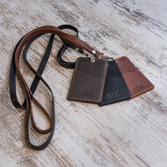 Black Premium Genuine Leather ID Badge Holder Lanyard Metal Chain Zip  Wallet