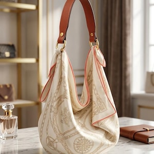 Peut inclure: Un sac à main de style hobo en tissu crème orné d'un motif de chaînes et de boussoles dorées. Le sac présente une bandoulière en cuir marron uni fixée par des anneaux métalliques dorés et possède une silhouette souple et drapée.