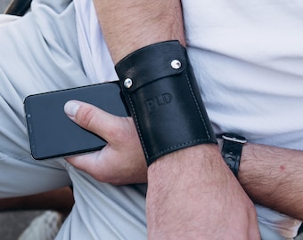 Leather Wrist Cuff Wallet - Minimalist Arm Wallet for Travel, Festivals, Concerts - Custom Engraved Bracelet Gift for Him