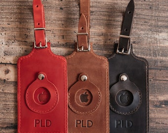 Handmade Personalized Leather Luggage Tag with Apple AirTag Holder, Customizable Travel ID Tag with Pocket for AirTag - Vacation Family Gift