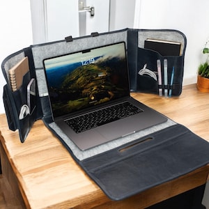 Bolsa de cuero para computadora portátil y estación de trabajo: organizador de escritorio portátil 2 en 1 con bolsillos de almacenamiento, bolsa de viaje para la oficina, regalo para profesionales