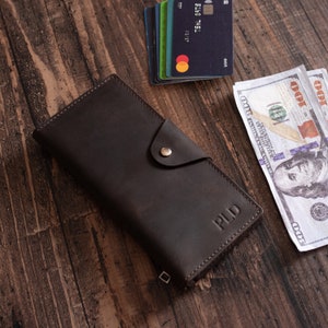 Handgemaakte lange lederen portemonnee: gepersonaliseerde gegraveerde billfold voor contant geld, creditcards en telefoon aangepast unisex cadeau 3e verjaardag afbeelding 2