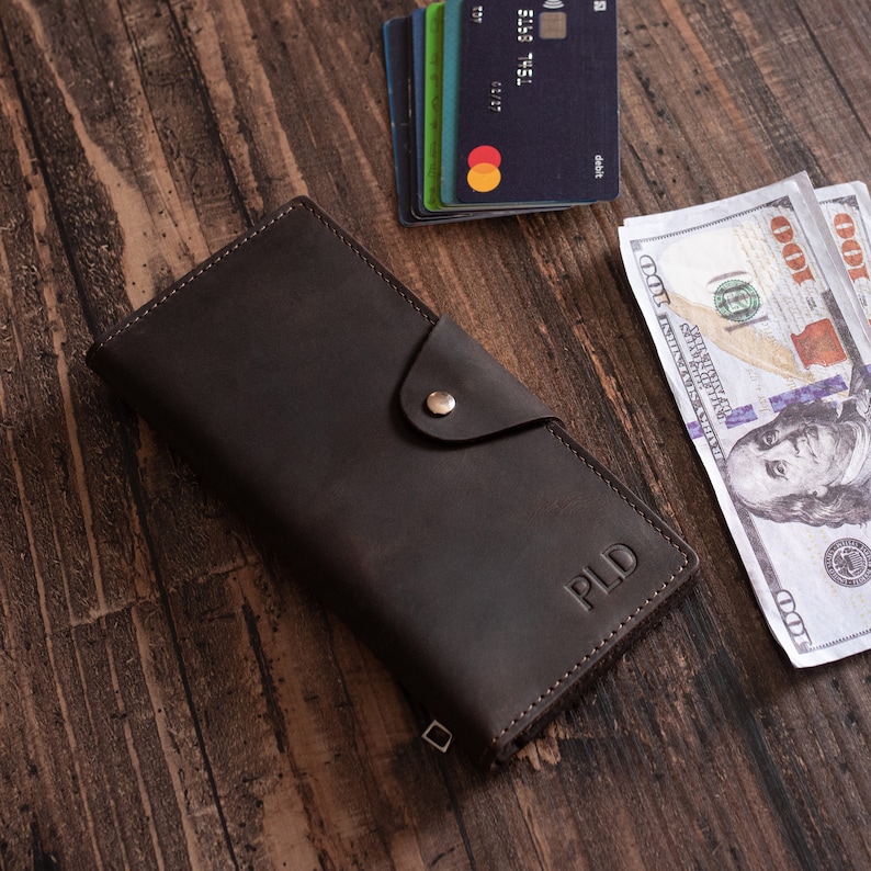 Handgemaakte lange lederen portemonnee: gepersonaliseerde gegraveerde billfold voor contant geld, creditcards en telefoon aangepast unisex cadeau 3e verjaardag afbeelding 2