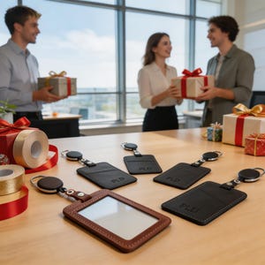 May include: Several rectangular leather badge holders with retractable reels are arranged on a table. One holder is brown with a clear window, while others are black with the letters PLD embossed on the front. Each features a metal clip and reel.