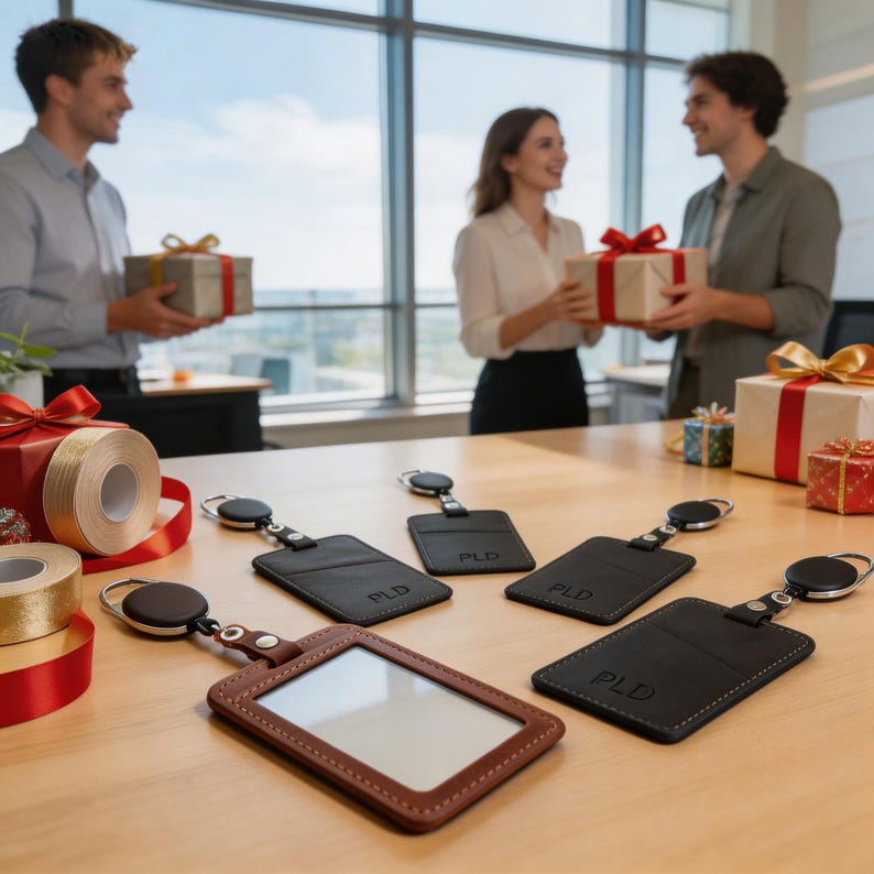May include: Several rectangular leather badge holders with retractable reels are arranged on a table. One holder is brown with a clear window, while others are black with the letters PLD embossed on the front. Each features a metal clip and reel.