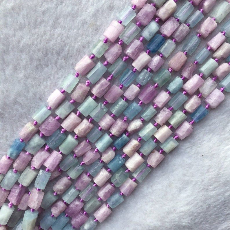 Natural Genuine Raw Mineral Madagascar Blue Aquamarine Purple Kunzite Nugget Free Form Loose Rough Matte Faceted Beads 6-8mm 05725