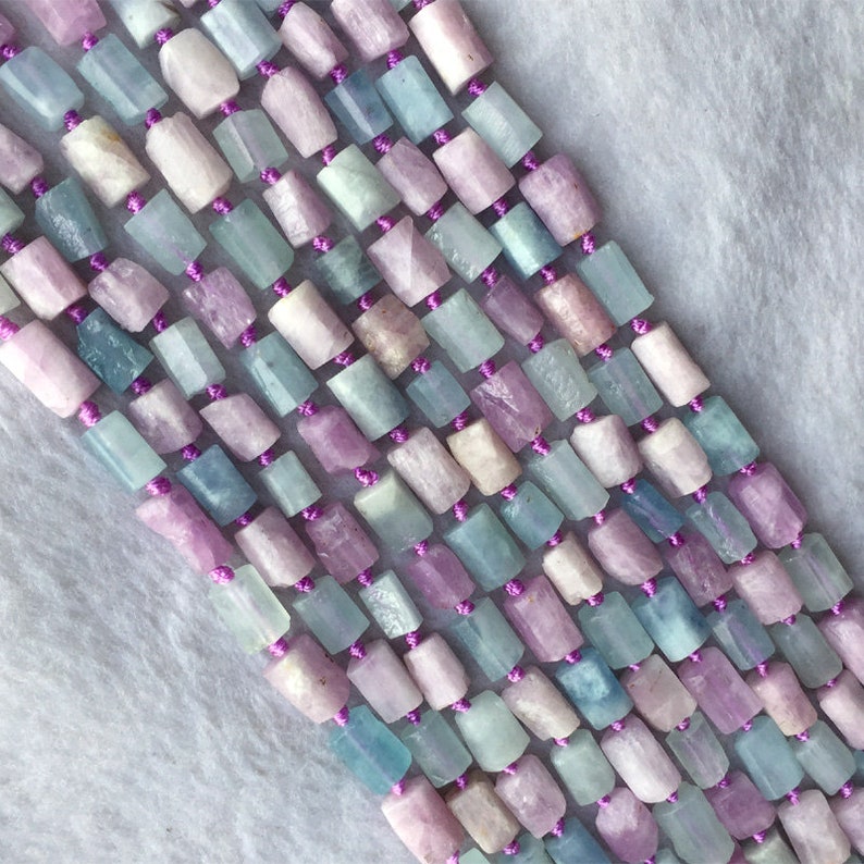 Natural Genuine Raw Mineral Madagascar Blue Aquamarine Purple Kunzite Nugget Free Form Loose Rough Matte Faceted Beads 6-8mm 05725