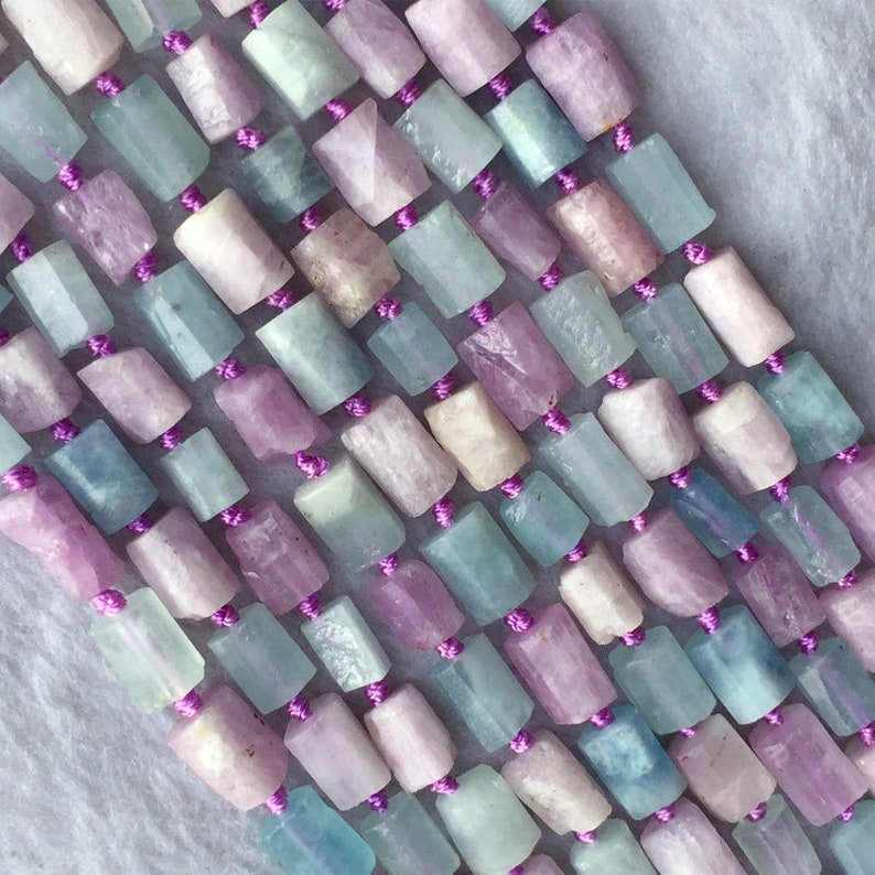 Natural Genuine Raw Mineral Madagascar Blue Aquamarine Purple Kunzite Nugget Free Form Loose Rough Matte Faceted Beads 6-8mm 05725