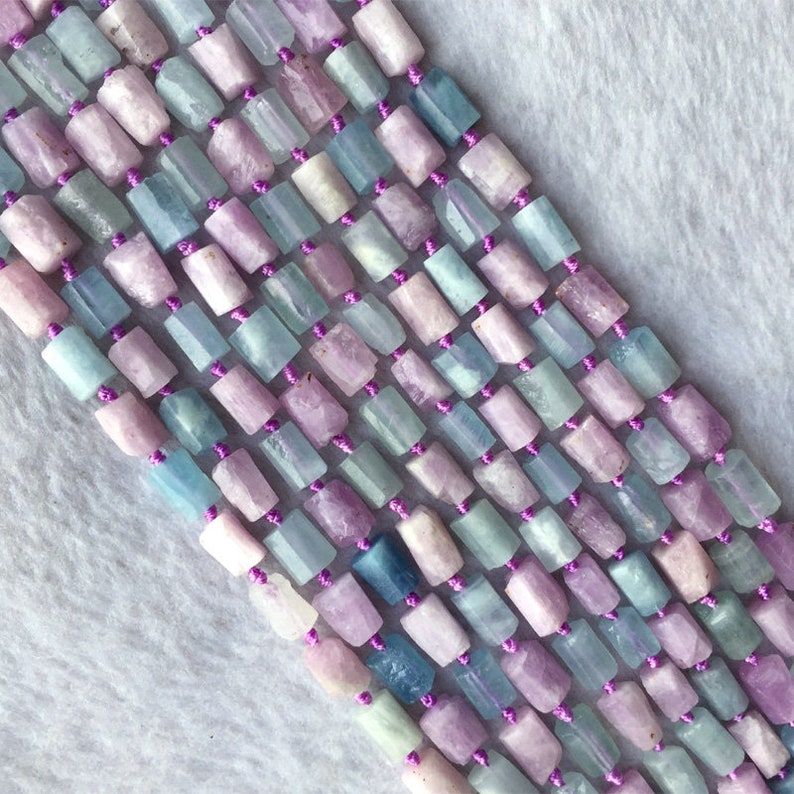 Natural Genuine Raw Mineral Madagascar Blue Aquamarine Purple Kunzite Nugget Free Form Loose Rough Matte Faceted Beads 6-8mm 05725