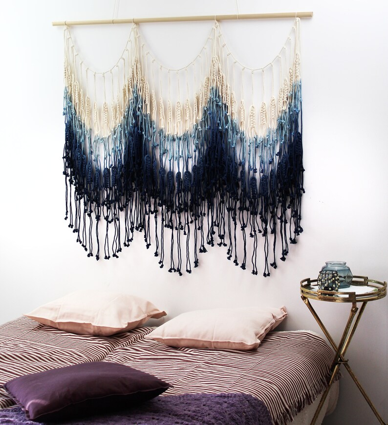 OVER BED Art Macrame Wall Hanging Navy Blue Wall Art Extra Etsy