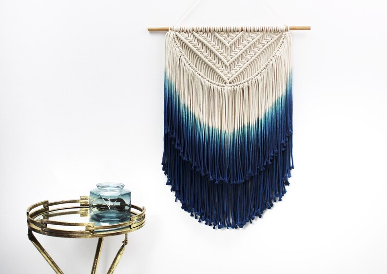 Ombre Macrame Wall Hanging Medium Navy Blue Art Woven