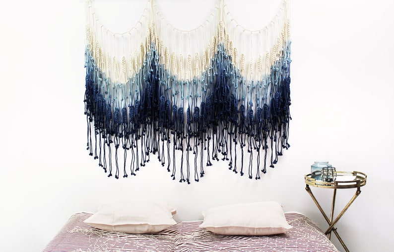 Over Bed Art Macrame Wall Hanging Navy Blue Extra Large Curtain Tapestry Backdrop