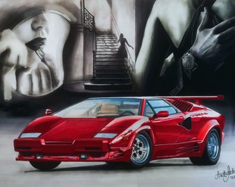 Car Movie #8 - Lamborghini Countach Original Automotive Art Classic Italian Car Drawing Painting Love Story Luxury Motorsport Gift