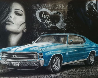 Car Movie #9 - Chevrolet Chevelle ORIGINAL Automotive Drawing Painting Muscle Car Racing Cars Poster Luxury Motorsport Gift