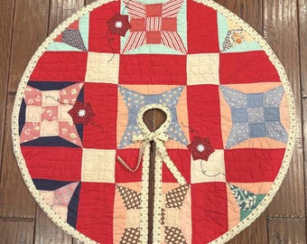 Handgjord vintage handsydd quilt julgranskjol - 36 tum - Handgjord i USA