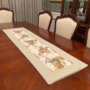Handmade 55.5Lx16w inch Western Cowboy Table Runner, Jane Churchill Rodeo Print-Made in USA