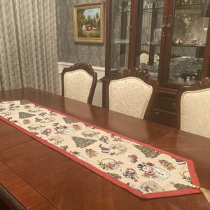 The Nostalgia Christmas Table Runner with Snowman, Santa, Reindeer, Candy Cane, Stocking, French Horn - 79 inches - Handmade in USA