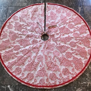 The Red Floral Brocade Christmas Tree Skirt - 53.25 inches - Handmade in USA