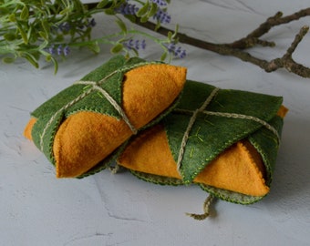 Felt bread in leaf envelope, Elvish bread, Handmade fantasy party prop, Babyshower gift