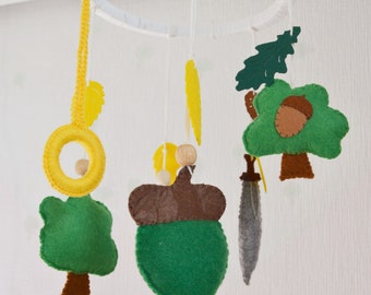 Woodland fantasy baby mobile, Misty mountain, sword, ring and forest baby crib mobile