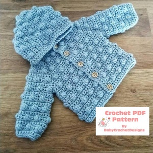 Crochet Baby Winter Bobble Cardigan or Hoodie Digital Download PDF