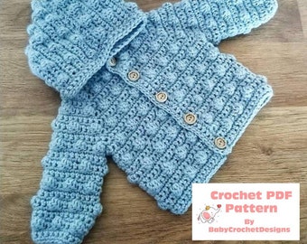 Crochet Baby Winter Bobble Cardigan or Hoodie Digital Download PDF