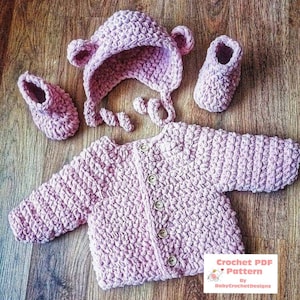 Snowbear Baby Coat, Bonnet and Boots Set Crochet Pattern in sizes Preemie to 2 Years Digital Download