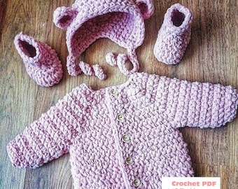 Snowbear Baby Coat, Bonnet and Boots Set Crochet Pattern in sizes Preemie to 2 Years Digital Download