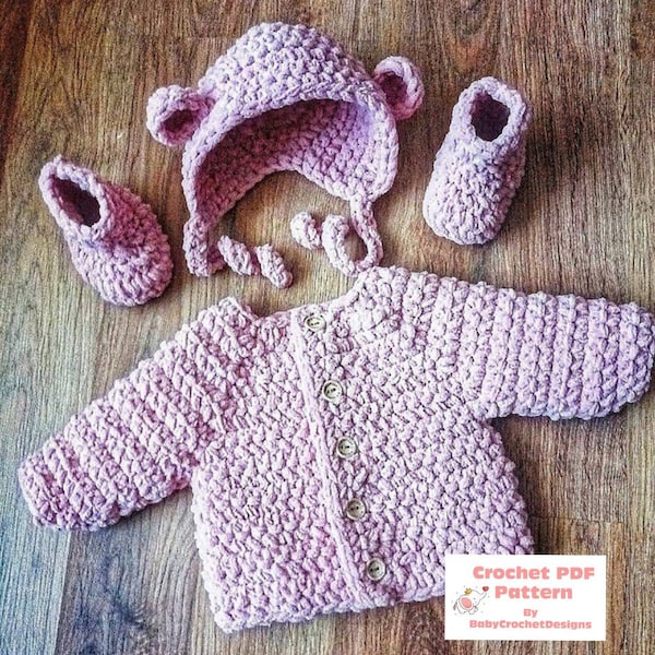 Snowbear Baby Coat, Bonnet and Boots Set Crochet Pattern in sizes Preemie to 2 Years Digital Download